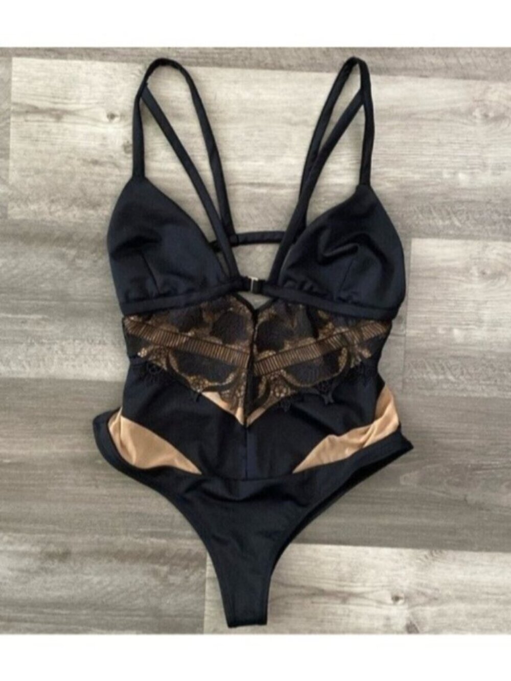 For Love & Lemons Swimsuit Womens Medium Black Tan Lace Beverly One Piece Beach